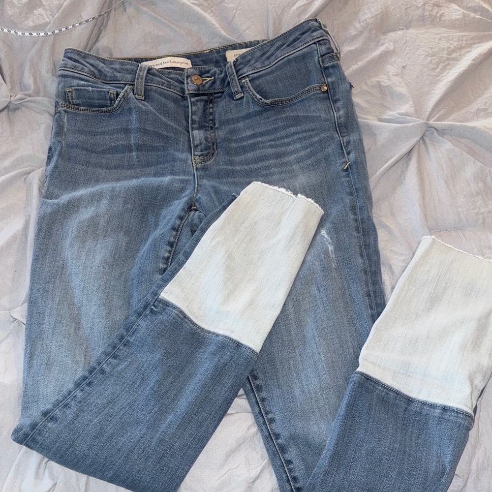 Pilcro & the Letterpress Script Skinny Frayed Jeans Sz 28 Two Tone Cut Out Cuffs